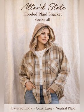 Altar’d State Plaid Hooded Shacket Sz S Neutral Layered Flannel Jacket
